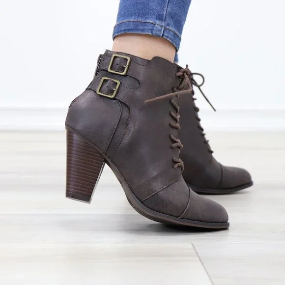 Lace-Up Brown Block Cone High Heeled Ankle Boots Pointed Toe - Picture 3 of 10
